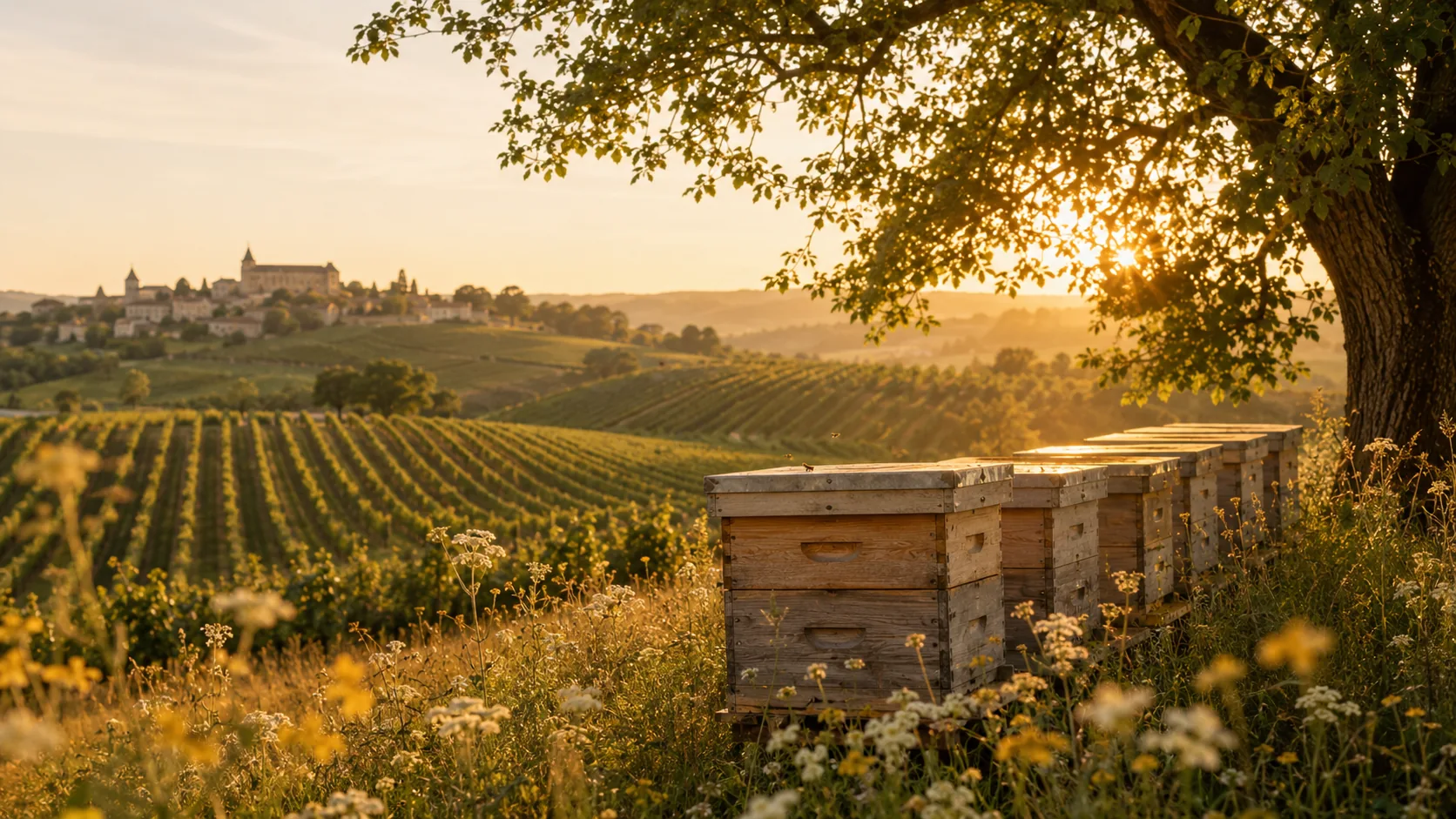 Weinberge und Bienenstöcke bei Bordeaux